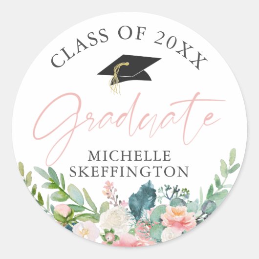 卒業水彩赤面ピンクフローラクラス ラウンドシール (正面)