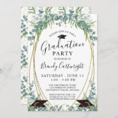 卒業水色ユーカリプタススクリプト金ゴールドフレーム 招待状 (正面/裏面)