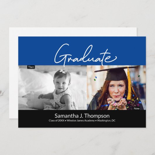 卒業生と今の写真:青い卒業記念パーティー 招待状 (正面/裏面)