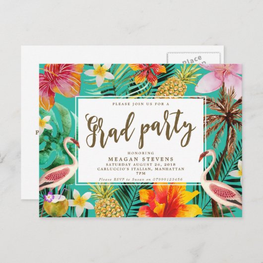 卒業生のパーティの招待状の熱帯フラミンゴのハイビスカス インビテーションポストカード (正面/裏面)