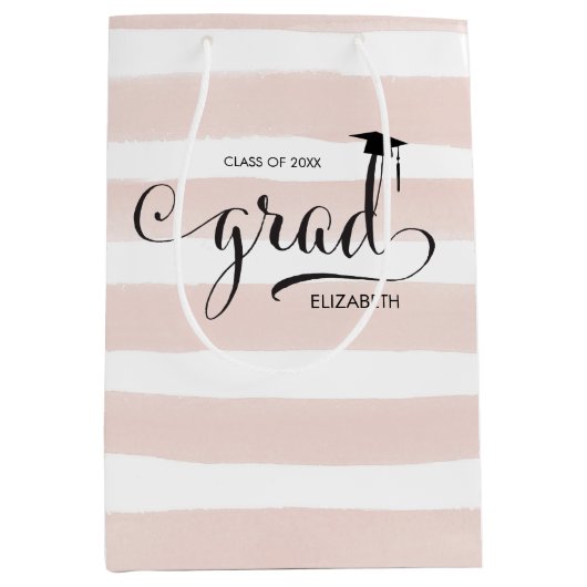 卒業生の帽子のピンクのストライプ ミディアムペーパーバッグ (正面)