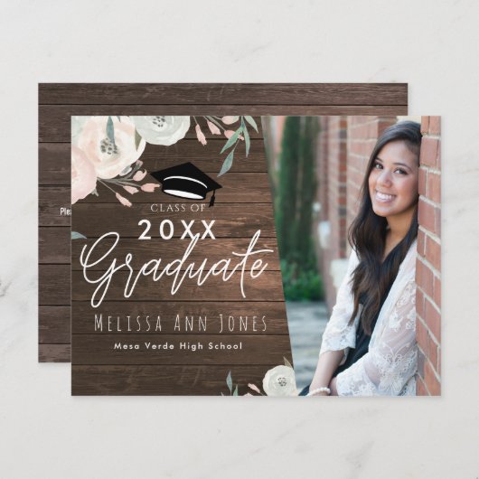 卒業生の木素朴材フローラシック写真 インビテーションポストカード (正面/裏面)