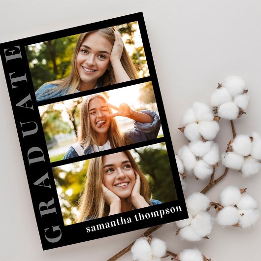 卒業生の白黒ミニマルモダンリスト写真 案内状