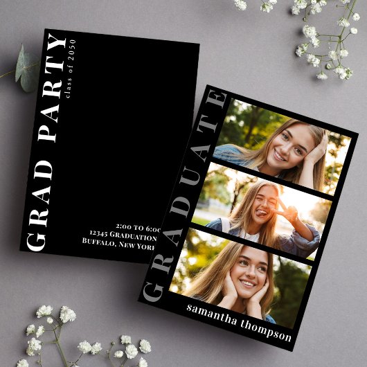 卒業生の白黒ミニマルモダンリスト写真 案内状