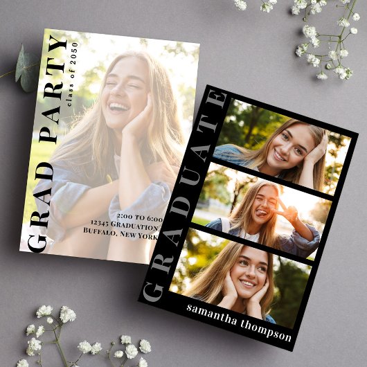 卒業生の白黒ミニマルモダンリスト写真 案内状