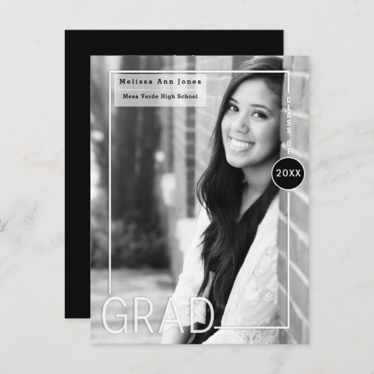 卒業生の白黒モダン写真 インビテーションポストカード (正面/裏面)