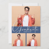 卒業生の縦型3フォトブルー卒業 案内状 (正面)