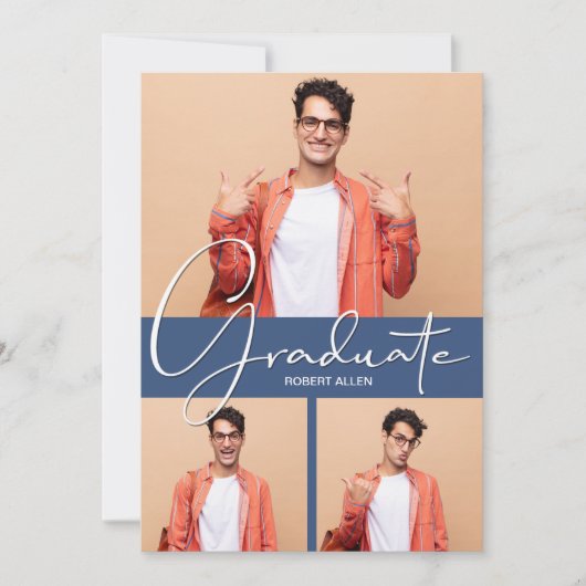 卒業生の縦型3フォトブルー卒業 案内状 (正面)