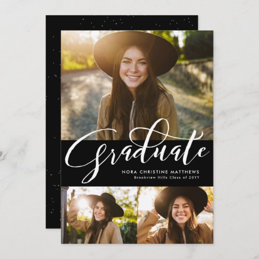 卒業生の脚本3枚フォトブラック卒業 招待状 (正面/裏面)