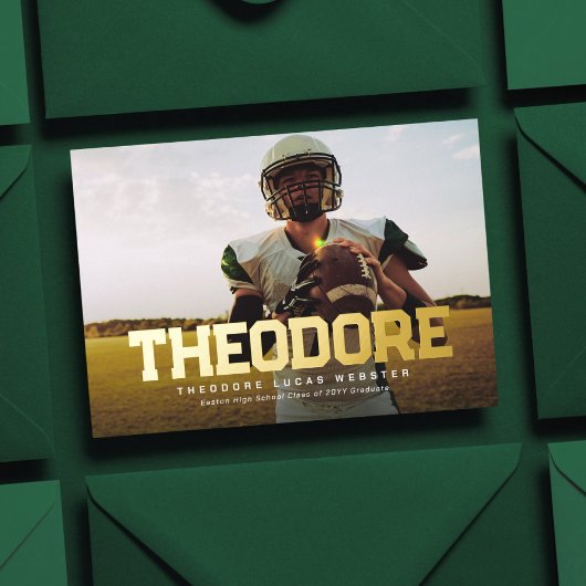 卒業生はっきりしたのスポーツ写真卒業の名前 箔招待状