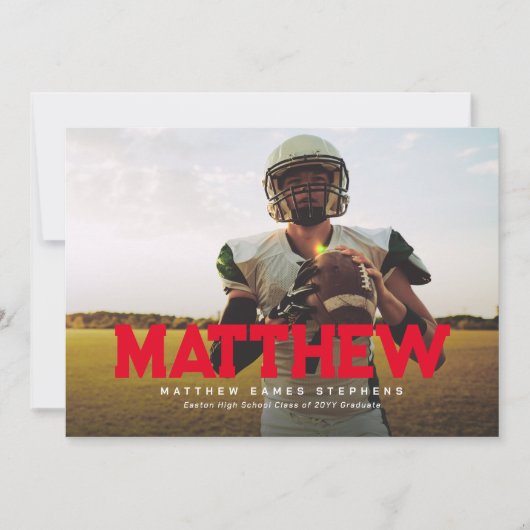 卒業生はっきりした名アスリート写真赤卒業 招待状 (正面)