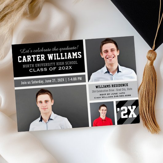 卒業生を祝う ブラック フォト コラージュ 招待状