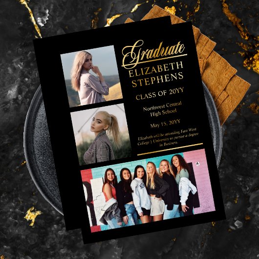 卒業生エレガント生卒業生3枚の写真 箔招待状