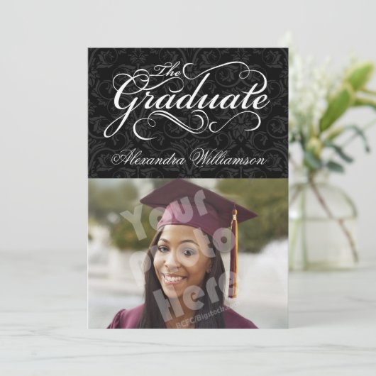 卒業生エレガント黒写真卒業 招待状 (スタンド正面)