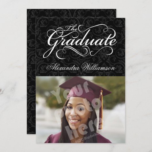 卒業生エレガント黒写真卒業 招待状 (正面/裏面)