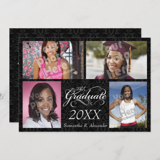 卒業生エレガント黒 招待状 (正面/裏面)