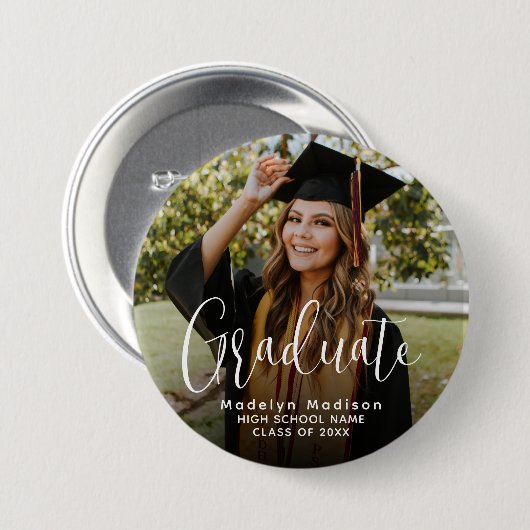 卒業生クラシック向けシンプルの写真モダンのスクリプト 缶バッジ (正面&裏面)