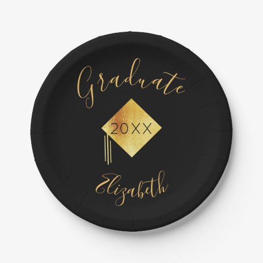 卒業生パーティーブラック金ゴールドキャップ2023 ペーパープレート (正面)