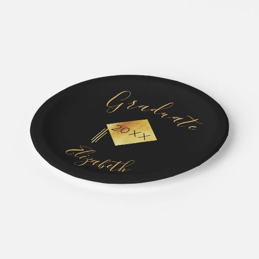 卒業生パーティーブラック金ゴールドキャップ2023 ペーパープレート (アングル)