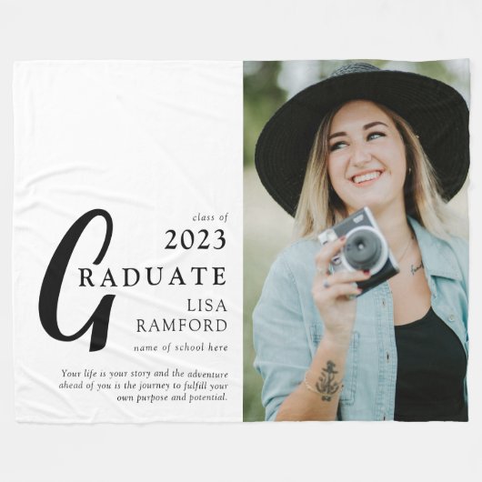 卒業生ミニマルの写真と引用文記念品 フリースブランケット (正面(横))