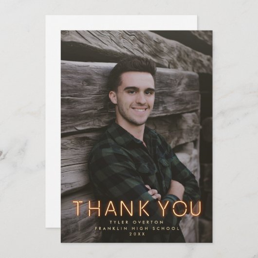 卒業生モダンのネオンライト写真 サンキューカード (正面/裏面)