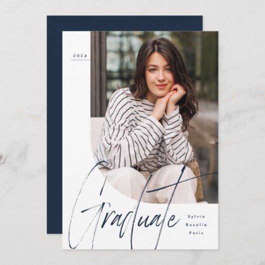 卒業生モダンの海軍一写真卒業 招待状 (正面/裏面)