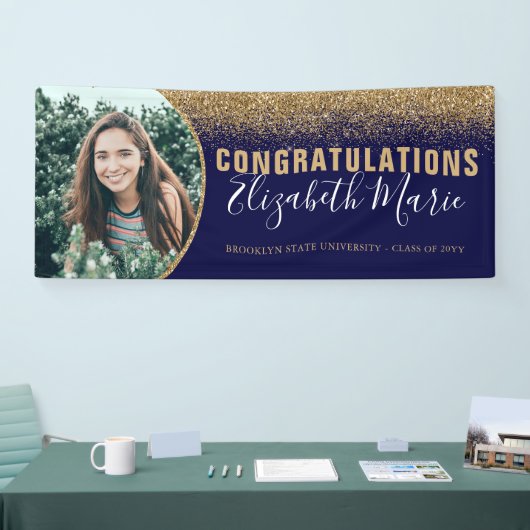 卒業生モダン写真海軍ブルー金ゴールドグリッター 横断幕 (トレードショー)