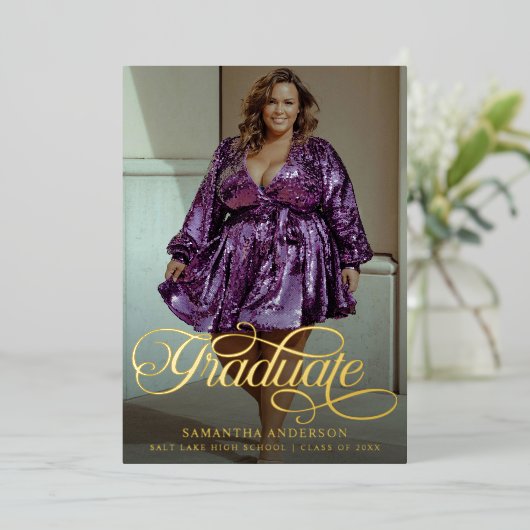 卒業生モダン物2枚の写真卒業パーティー 箔招待状 (立ち正面)