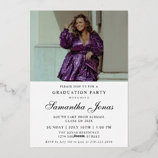 卒業生モダン物2枚の写真卒業パーティー 箔招待状 (裏面)