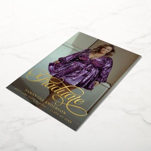 卒業生モダン物2枚の写真卒業パーティー 箔招待状 (回転した状態)