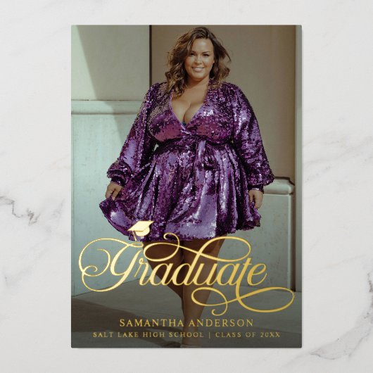 卒業生モダン物2枚の写真卒業パーティー 箔招待状 (正面)