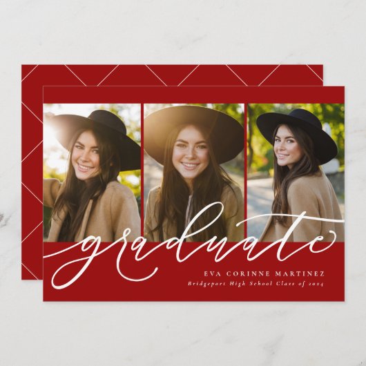 卒業生モダン3名の写真を赤く表示 案内状 (正面/裏面)