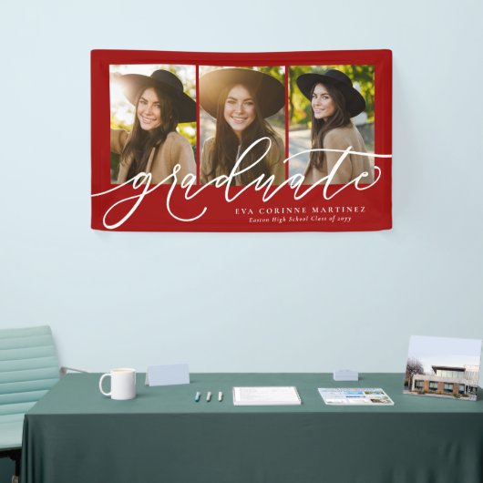 卒業生モダン3名の写真を赤く表示 横断幕 (トレードショー)