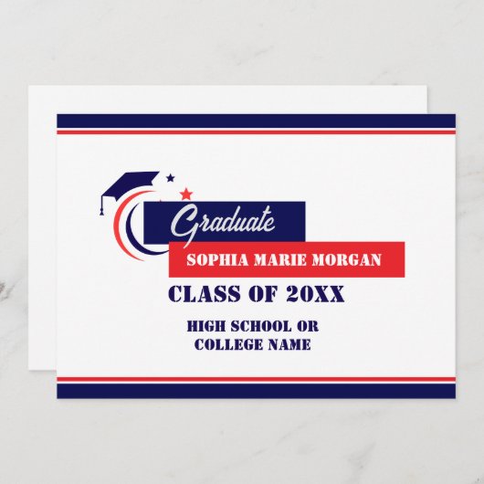 卒業生向け 青 赤 白 卒業おめでとうのご案内 招待状 (正面/裏面)