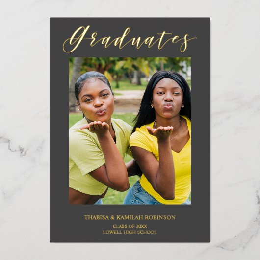 卒業生実在ゴールデンモダンタイポグラフィ写真 箔招待状 (正面)