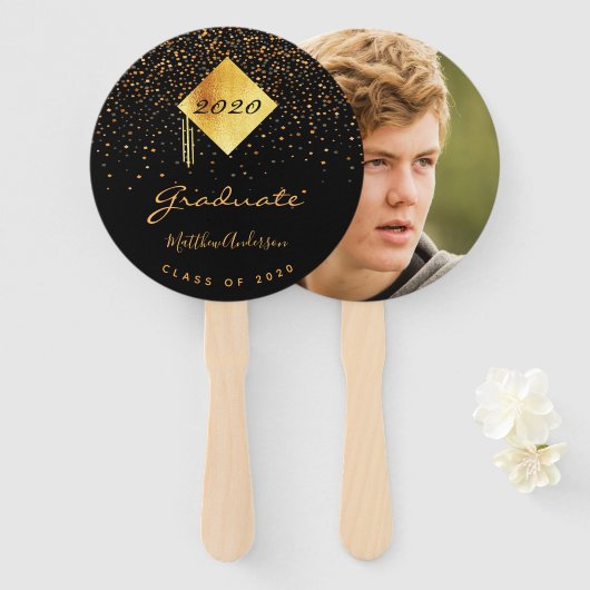 卒業生黒金ゴールド紙吹雪写真2023 ハンドファン (正面&裏面)