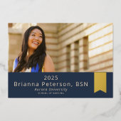 卒業生2フォトネイビー金箔サッシ 箔招待状 (正面)