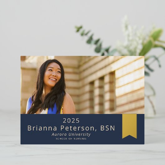 卒業生2フォトネイビー金箔サッシ 箔招待状 (立ち正面)