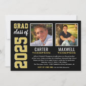 卒業生2名ブラック金ゴールド卒業パーティー写真 招待状 (正面)