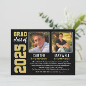 卒業生2名ブラック金ゴールド卒業パーティー写真 招待状 (スタンド正面)