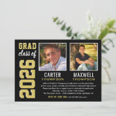 卒業生2名ブラック金ゴールド卒業パーティー写真 招待状 (スタンド正面)