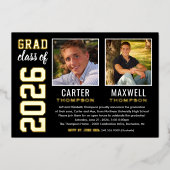 卒業生2名ブラック金ゴールド卒業パーティー写真 箔招待状 (正面)