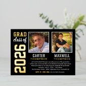 卒業生2名ブラック金ゴールド卒業パーティー写真 箔招待状 (立ち正面)
