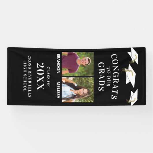 卒業生2名写真おめでとうGRAD Caps Black 横断幕 (横)