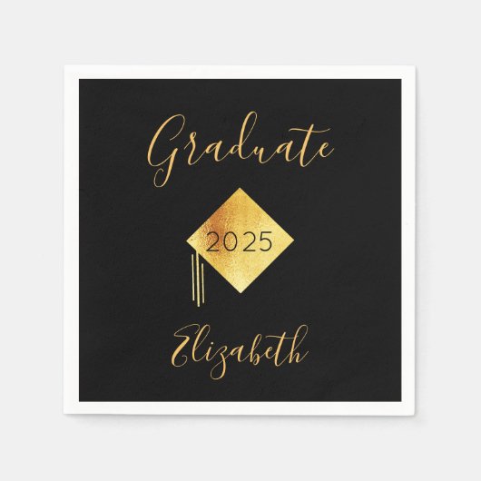 卒業生2023年パーティーブラック金ゴールドキャップ スタンダードカクテルナプキン (正面)