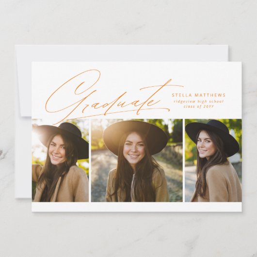 卒業生3枚フォトシンプルオレンジ卒業 招待状 (正面)