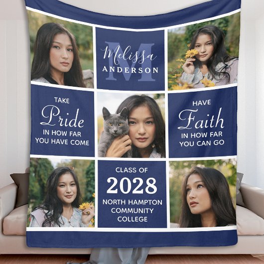 卒業生5写真コラージュ海軍ブルー卒業 フリースブランケット
