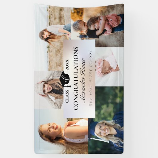 卒業生6名の写真コラージュおめでとう 横断幕 (縦)