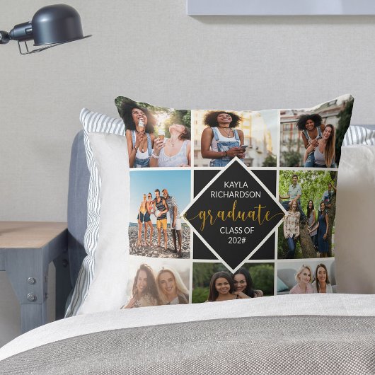 卒業生8写真コラージュ黒と金ゴールド卒業 クッション