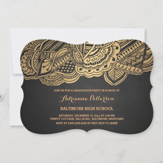 卒業生|のヴィンテージの黒板の金ゴールドの曼荼羅パターン 招待状 (正面)